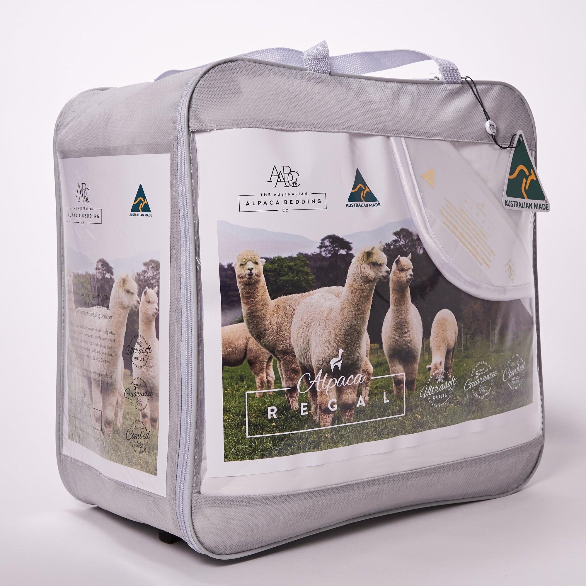 AABC Alpaca Regal quilt packaging with Australian alpacas on the front and side panels.